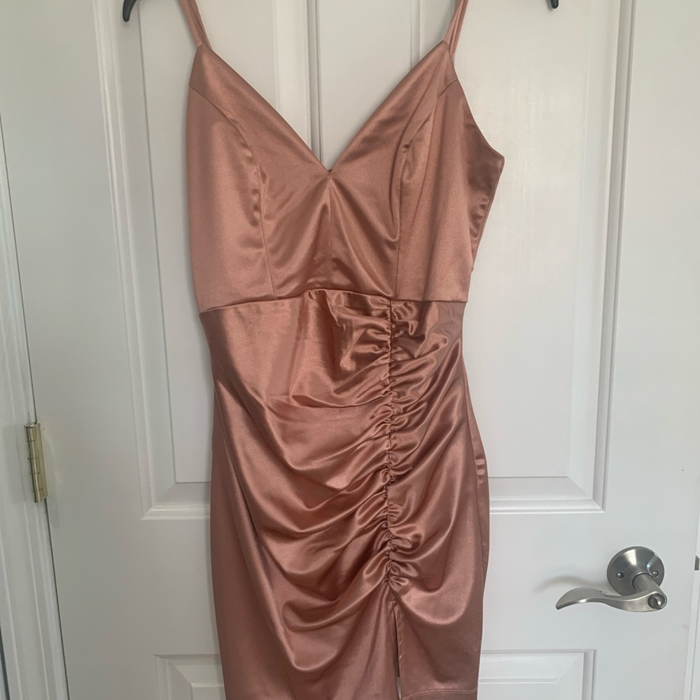 Emerald Sundae Pink Asymmetrical Ruched Mini Dress